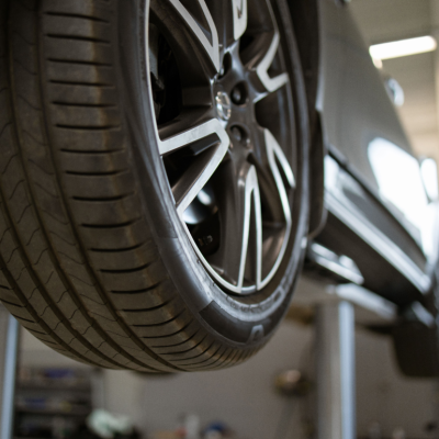 A car in a repair shop.