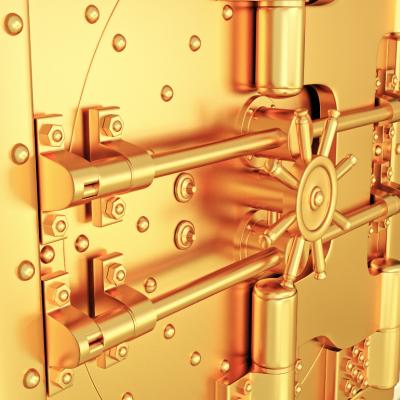 Light gold bank vault door, closed.