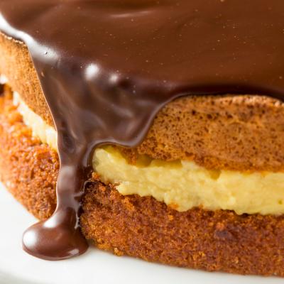 Close-up of chocolate Boston cream pie.