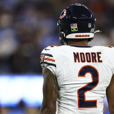 A detailed shot of a Jamaica flag on the helmet of DJ Moore of the Chicago Bears.