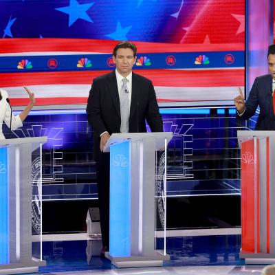 Nikki Haley, Vivek Ramaswamy, and Ron DeSantis during the NBC News Republican Presidential Primary Debate.