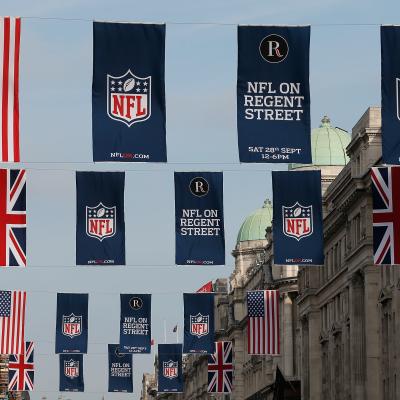 Flags advertising the NFL in London are seen on Regent Street.