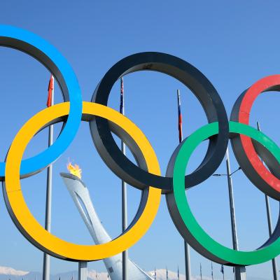 Olympic Rings are seen under the Olympic Cauldron inside Olympic Park.