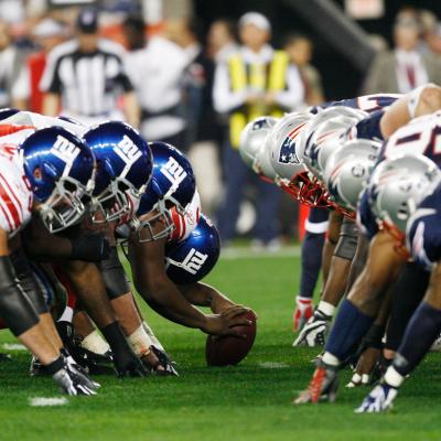 A general view at the line of scrimmage before the snap during Super Bowl XLII.