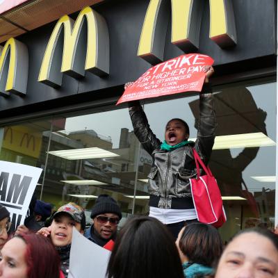 Fast food workers on strike.