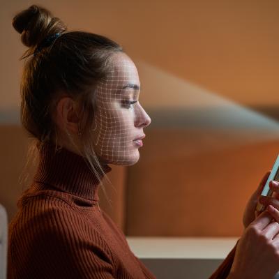 A woman scans face using facial recognition system on smartphone.