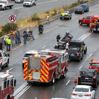 Emergency vehicles blocking traffic after a car accident