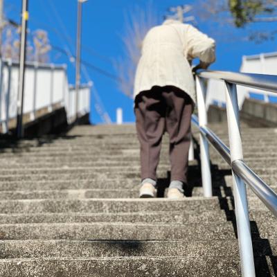 An elderly woman holding a handrail and going up the stairs.