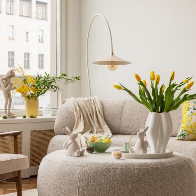 Living room with yellow accents.