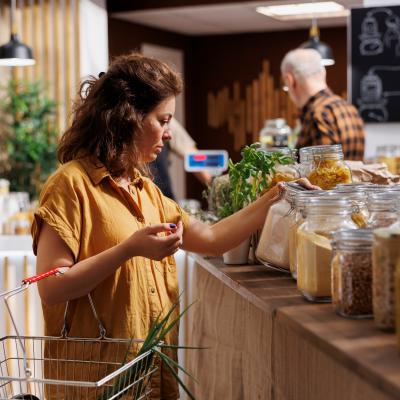 Woman in a zero waste store looking at jars of dried goods.