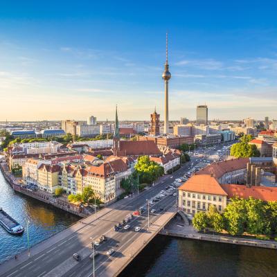 Aerial view of Berlin skyline and Spree river.