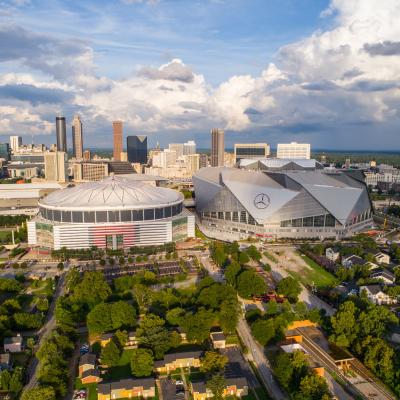  Aerial drone image of the Georgia Dome and Mercedes Benz Arena