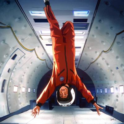Boy astronaut floating upside down in spacecraft