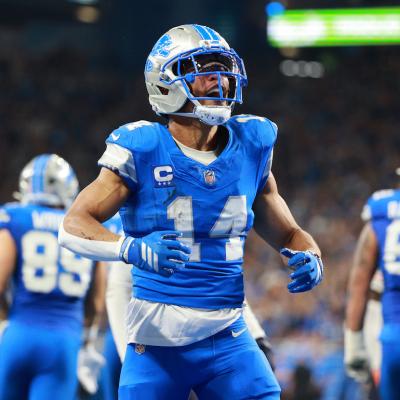 Detroit Lions wide receiver Amon-Ra St. Brown reacts after a play during the first half of a game against the Chicago Bears on Sept. 14, 2025.