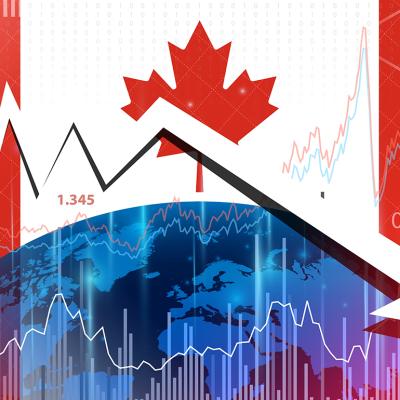 The flag of Canada illustrated with a downwards arrow, stock exchange rates and other recession concepts.