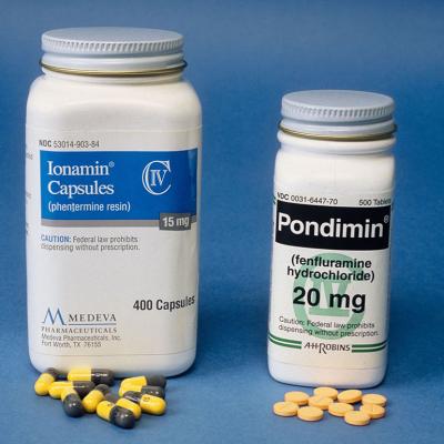 Bottles of Phentermine (L) and Fenfluramine, commonly known as Phen-Fen, a drug that has been discontinued seen here from April 1997.