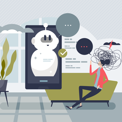 Chatbots in psychotherapy concept with person sitting on green couch with mental state represented by scribble typing to bot on screen replying via text.