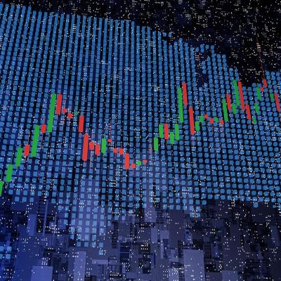 Map of U.S rendered in blue with financial candlestick chart overlaid on top illustrating concept of state economies.