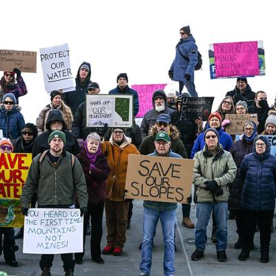 Local activists rally during the 'Protect Our Water' protest against coal mining in the Eastern Slopes, held outside the Alberta Legislature Building in Edmonton, Alberta, Canada, on January 25, 2025.