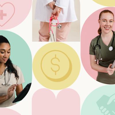 Custom collage graphic showing healthcare workers and colorful icons of health industry and salary symbols.