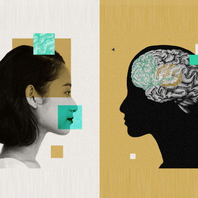 Custom illustration showing a collage of a young woman's side profile and opposite a figure showing the brain.