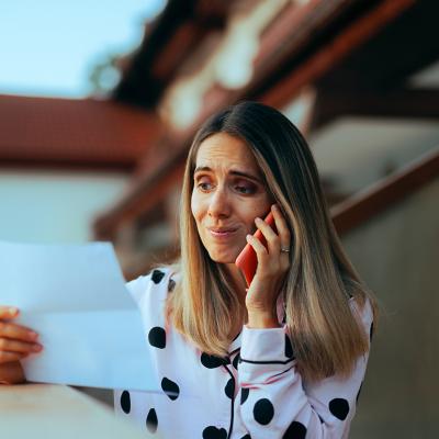 An emotional woman looking at her credit card bill while on the phone.