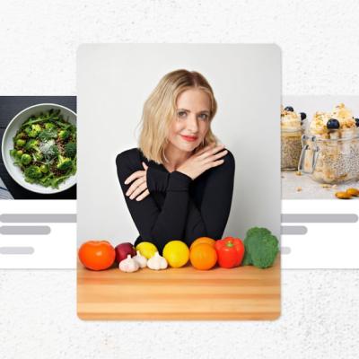 Collage graphic centering Sarah Michelle Gellar photographed with fresh produce on a kitchen board.
