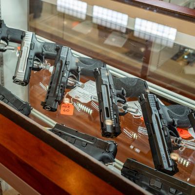 Smith & Wesson handguns for sale in a gun store in Houston, Texas.