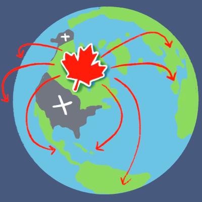 Illustration of globe with overlay of red maple flag over canada and red arrows spreading outward to all countries except the United States, which has an "x" over it.