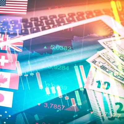 Forex markets and trading concept; flags of different countries illustrated with money and stock market graphics.