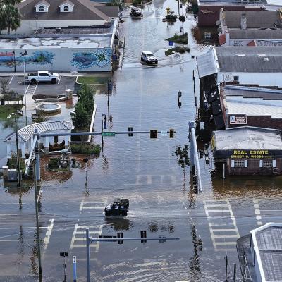 Aerial view of flood waters on the main street after Hurricane Helene passed offshore on September 27, 2024 in Crystal River, Florida. 