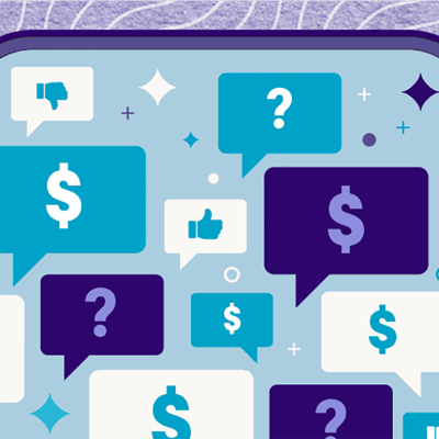 Custom illustration showing a smartphone screen and several chat bubbles showing dollar or thumbs up/down signs.