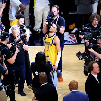 Tyrese Haliburton of the Indiana Pacers smiling after winning in Game Six of the Eastern Conference Finals of the 2025 NBA Playoffs.
