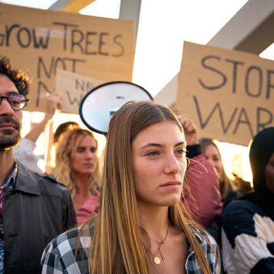A group of diverse people protesting against war in silence outdoors.