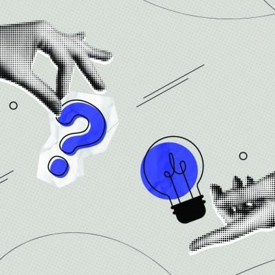 Problem-solving concept illustrated with halftone collage of two hands holding a lightbulb and a question mark.