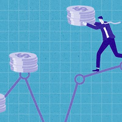 Custom illustration of a businessman carrying a stack of coins walking on a path towards more coins.