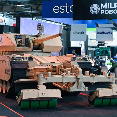 Type-X Robotic Combat Vehicle configured for mine and route clearance by Milrem Robotics, at the Eurosatory Defense and Security expo, on June 21, 2024 in France.