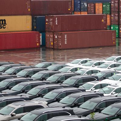 Rows of imported cars lined up across shipping containers.