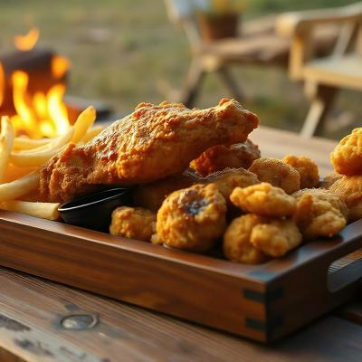 Plate of fries and fried chicken as part of a barbecue meal.