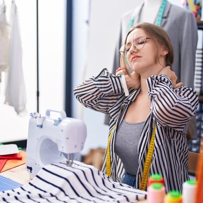A tailoring shop owner holding the back of her neck from being tired and stressed.