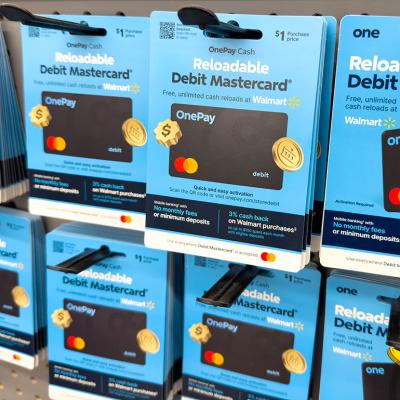 Debit Mastercard on display at a retail store.