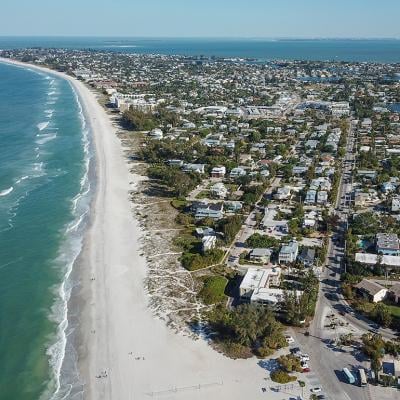 Aerial view of the neighborhoods near Sarasota area beaches in Florida.