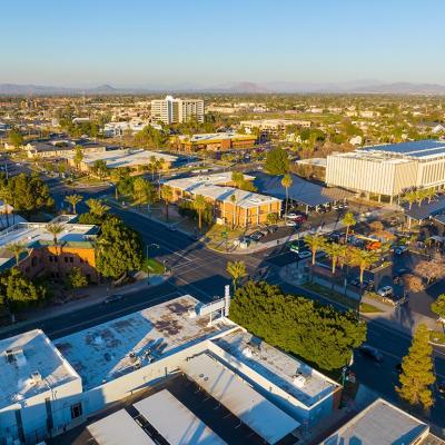 Aerial view on Center Street at Pepper Place at sunset, in Mesa, Arizona.