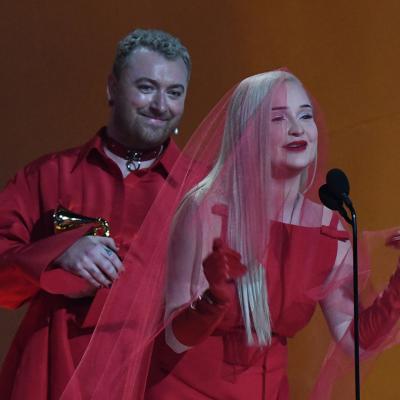 English singer-songwriter Sam Smith and German singer-songwriter Kim Petras accept the award for best Best Pop Duo/Group Performance during the 65th Annual Grammy Awards