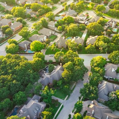Aerial view of an upscale neighborhood in Dallas Fort Worth metroplex.