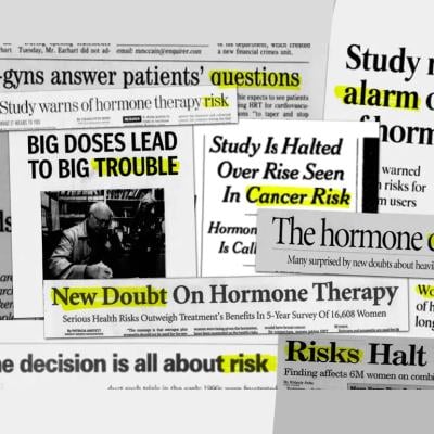 Illustration of newspapers with headlines about hormones.