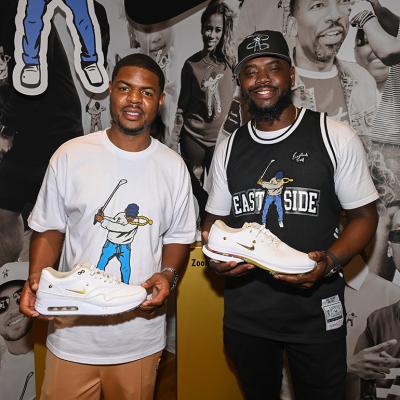 Eastside Golf's founder Earl Cooper and co-founder, Olajuwon Ajanaku at their Shopify pop-up in New York City.