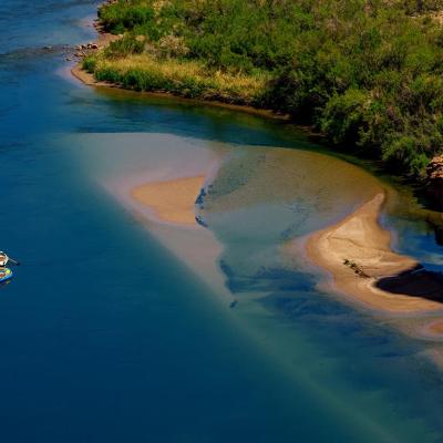 Rafts on the Colorado River as seen from Navajo Bridge in Ariz. on Tuesday, May 20, 2025.