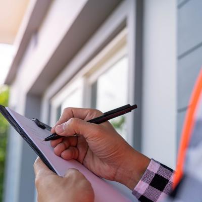 An inspector checking off a list while looking at a property.