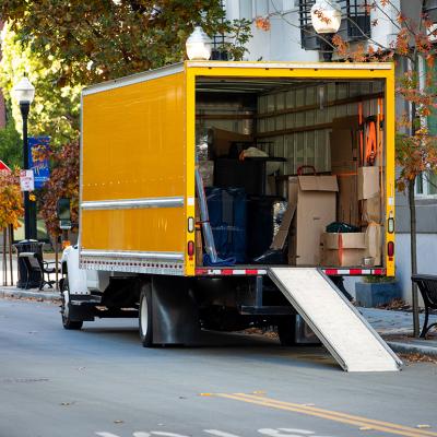 A moving truck parked on a residential street in Sunnyvale, California.